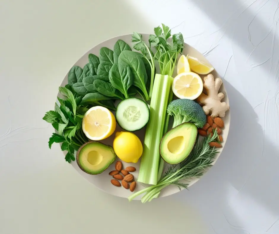 Assiette blanche de brocolis et légumes verts vapeur avec rondelle de citron et verre de jus vert détox alcaline sur fond clair