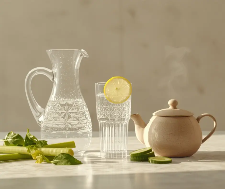Carafe en verre d'eau citronnée, tasse de thé vert et citron sur surface claire, boissons hydratantes pour une détox alcaline