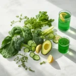 Détox alcaline : programme de 3 jours, limites et précautions 19 Flatlay d'ingrédients détox alcaline sur fond blanc : herbes vertes, citron, concombre et verre de jus vert