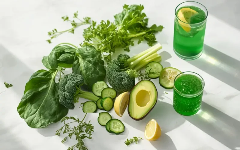 Flatlay d'ingrédients détox alcaline sur fond blanc : herbes vertes, citron, concombre et verre de jus vert