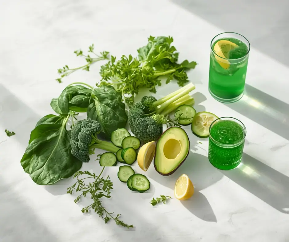 Flatlay d'ingrédients détox alcaline sur fond blanc : herbes vertes, citron, concombre et verre de jus vert