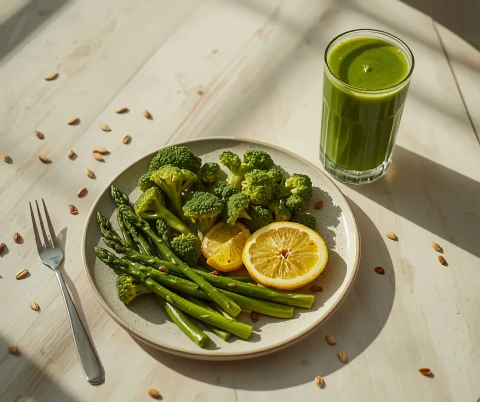 Assiette blanche de brocolis et légumes verts vapeur avec rondelle de citron et verre de jus vert détox alcaline sur fond clair texturé