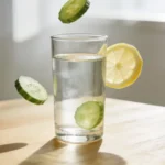 Eau alcaline : pH, données scientifiques et précautions 16 Verre d'eau avec rondelles de concombre et tranche de citron en lévitation autour du verre sur table en bois clair, recette d'eau alcaline maison au concombre et citron