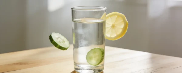 Verre d'eau avec rondelles de concombre et tranche de citron en lévitation autour du verre sur table en bois clair, recette d'eau alcaline maison au concombre et citron