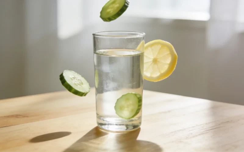 Verre d'eau avec rondelles de concombre et tranche de citron en lévitation autour du verre sur table en bois clair, recette d'eau alcaline maison au concombre et citron