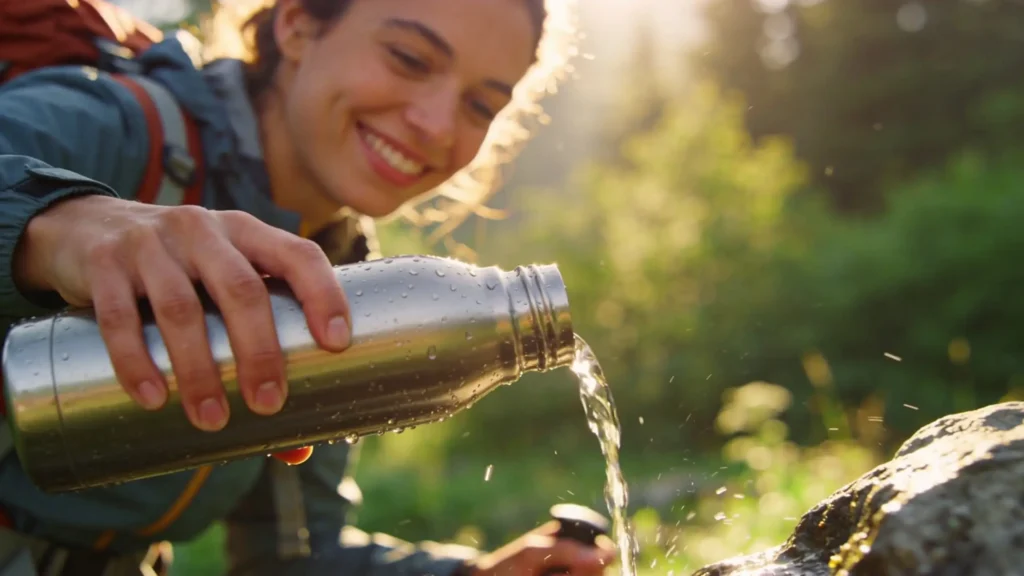Jeune randonneuse souriante versant de l'eau depuis une gourde en inox à une source naturelle entourée de végétation verte avec lumière dorée en arrière-plan, eau alcaline naturelle de montagne