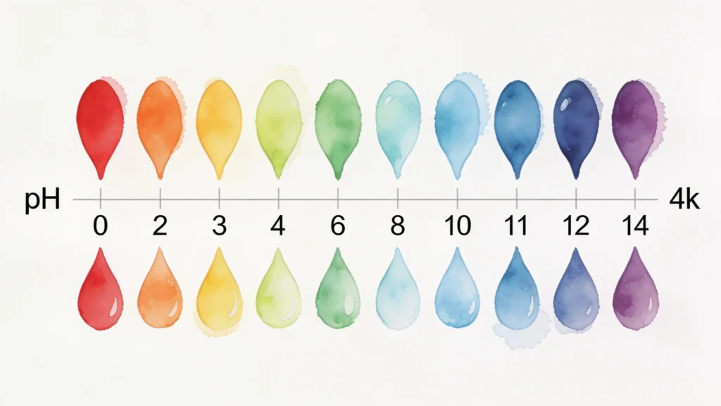 Illustration aquarelle de l'échelle de pH de 0 à 14 avec des gouttes d'eau colorées du rouge acide au violet alcalin en passant par le vert neutre, infographie sur le pH de l'eau alcaline