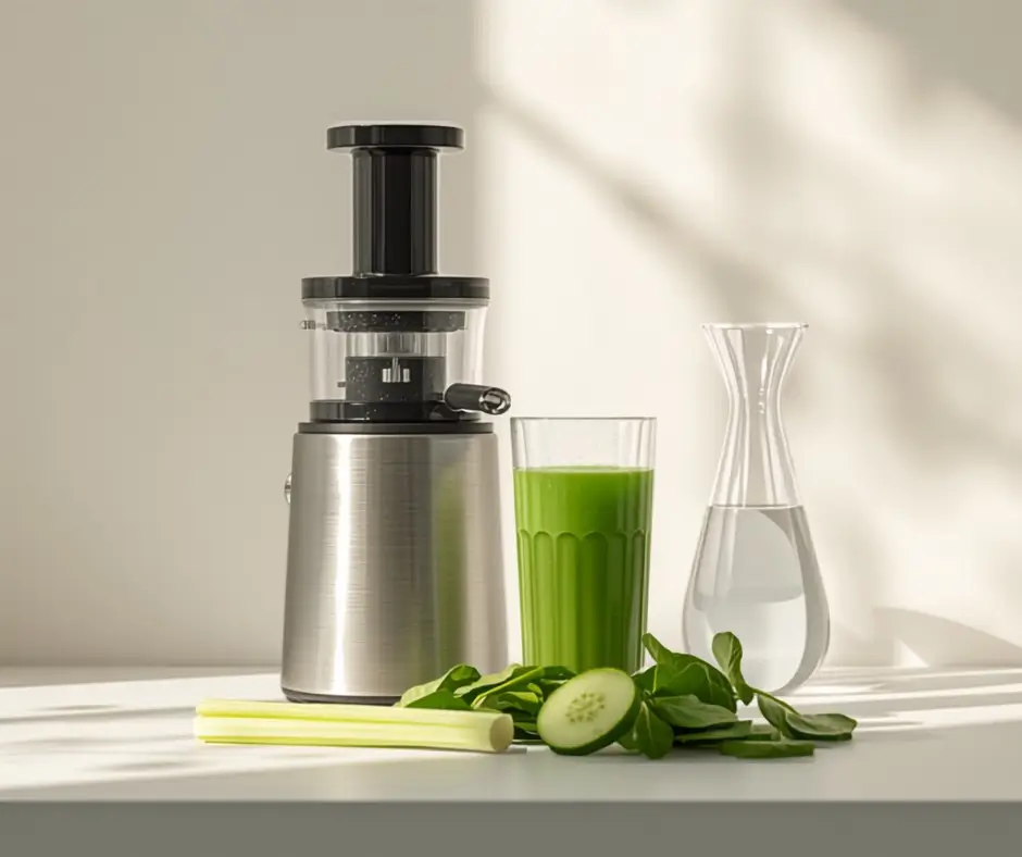 Extracteur de jus vertical en inox avec verre de jus vert alcalin frais posé devant sur fond clair avec plante verte en arrière-plan