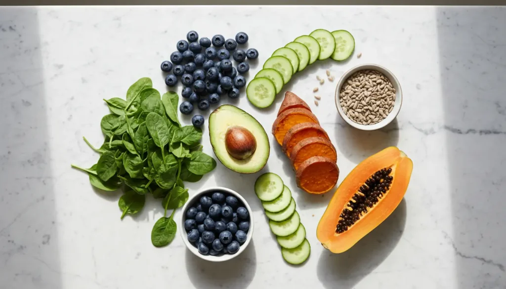 Épinards, myrtilles, avocat et concombre pour l'alimentation alcaline et la peau