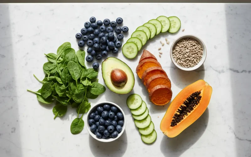 Épinards, myrtilles, avocat et concombre pour l'alimentation alcaline et la peau