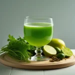 Jus vert alcalin : 3 recettes simples et équilibrées 21 Verre de jus vert alcalin avec céleri, concombre et citron posé sur planche en bois avec ingrédients frais autour sur fond clair