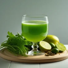 Verre de jus vert alcalin avec céleri, concombre et citron posé sur planche en bois avec ingrédients frais autour sur fond clair