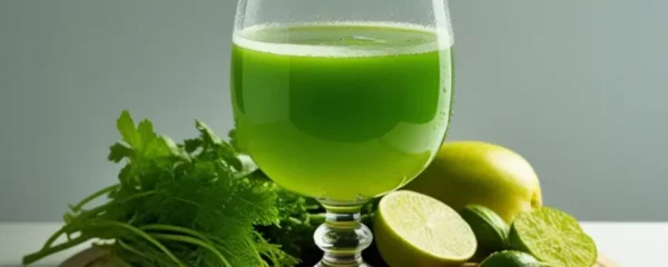 Verre de jus vert alcalin avec céleri, concombre et citron posé sur planche en bois avec ingrédients frais autour sur fond clair
