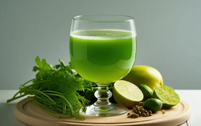 Verre de jus vert alcalin avec céleri, concombre et citron posé sur planche en bois avec ingrédients frais autour sur fond clair