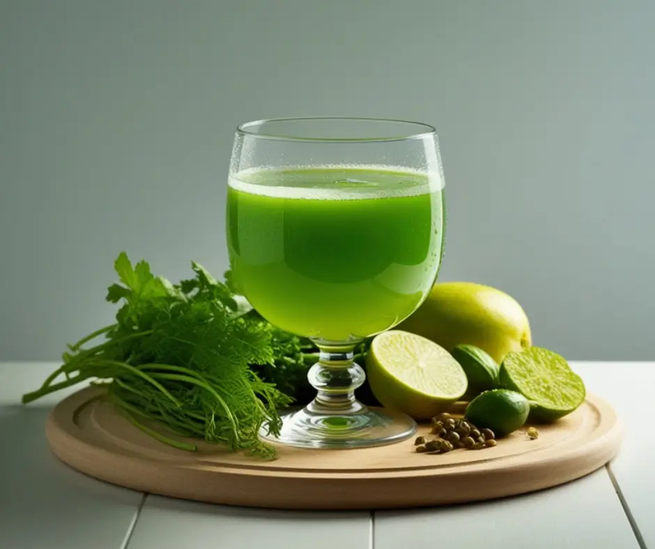 Verre de jus vert alcalin avec céleri, concombre et citron posé sur planche en bois avec ingrédients frais autour sur fond clair