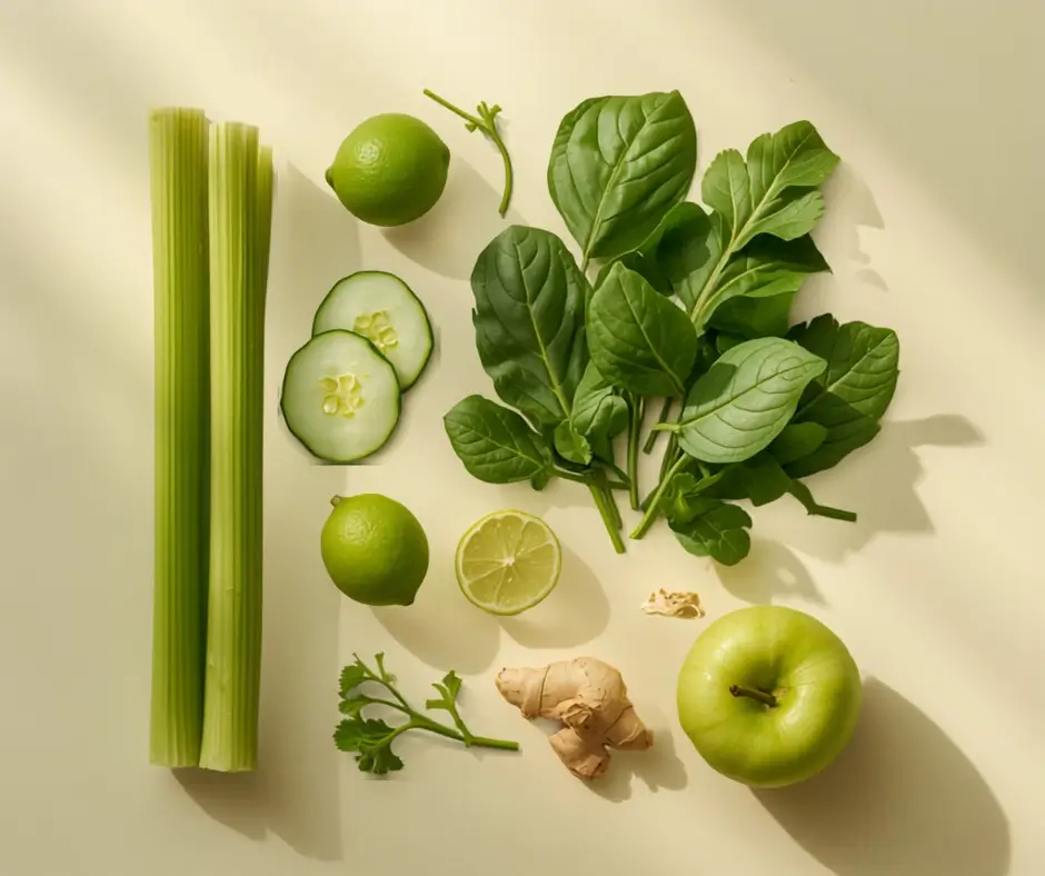 Vue de dessus flatlay d'ingrédients pour jus vert alcalin sur fond blanc : feuilles d'épinards, branches de céleri, pomme verte, citron et concombre