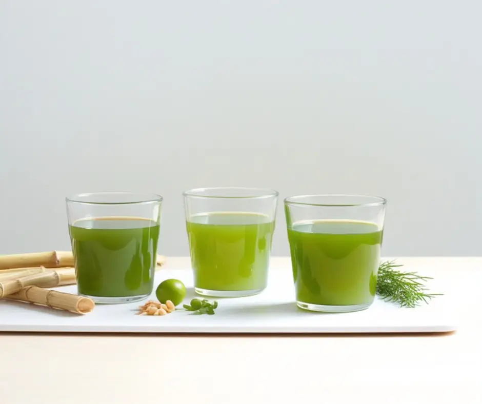Trois verres transparents remplis de jus vert alcalin alignés sur surface blanche avec fond clair, présentation minimaliste