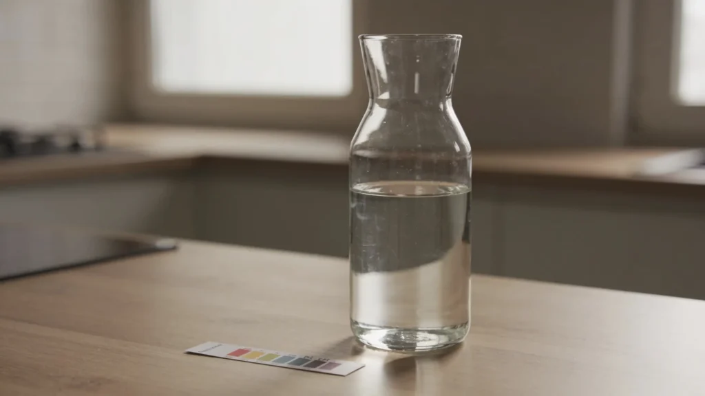 Carafe en verre remplie d'eau posée sur plan de travail en bois avec une bandelette de test pH colorée à côté, méthode pour mesurer le pH de l'eau alcaline à la maison