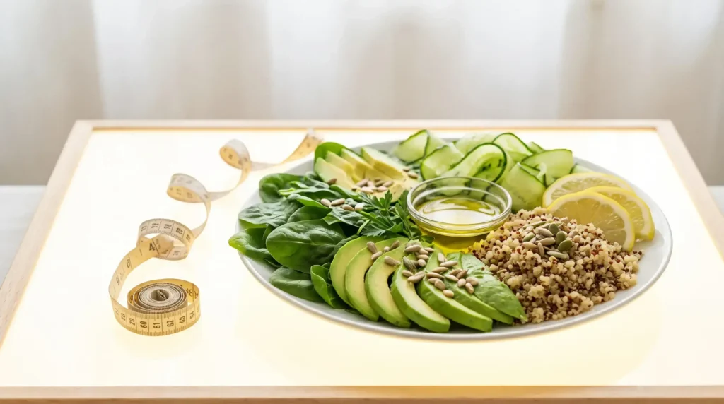 Assiette de régime alcalin avec avocat, quinoa, épinards, concombre et citron avec mètre ruban, perte de poids