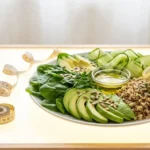 Assiette de régime alcalin avec avocat, quinoa, épinards, concombre et citron avec mètre ruban, perte de poids