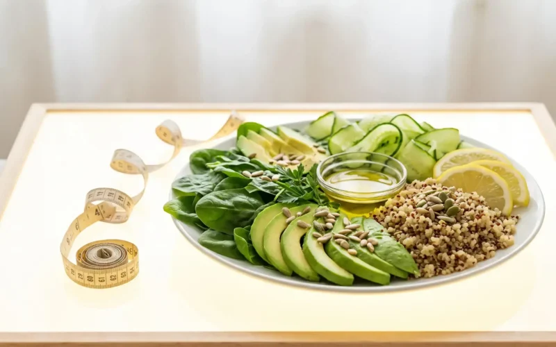 Assiette de régime alcalin avec avocat, quinoa, épinards, concombre et citron avec mètre ruban, perte de poids