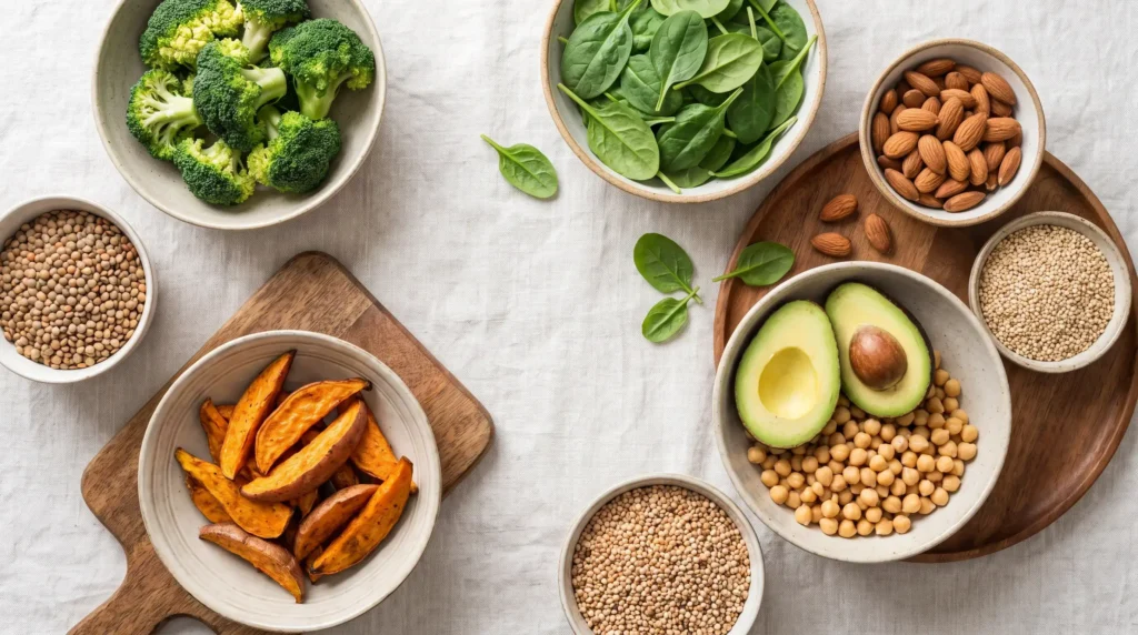 Vue de dessus de bols d'aliments alcalins sur fond blanc : brocoli, épinards, avocat, pois chiches, patate douce, lentilles, quinoa et amandes