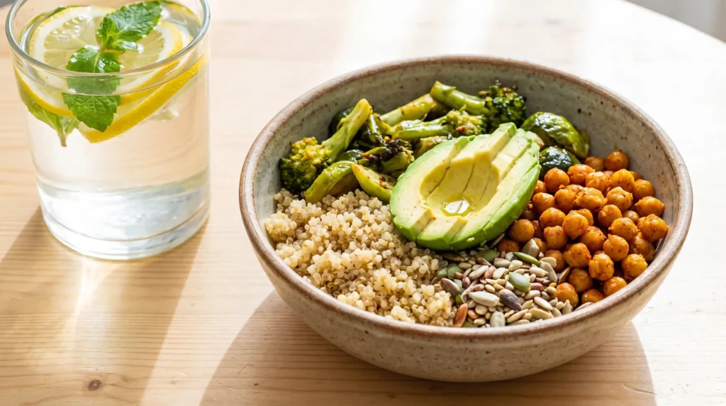 Buddha bowl alcalin avec avocat, quinoa, brocoli rôti, pois chiches épicés et graines sur table en bois avec verre d'eau citronnée à la menthe