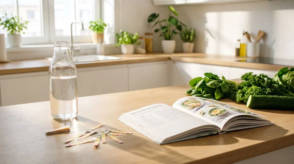 Cuisine blanche lumineuse avec livre de recettes ouvert, bouteille d'eau, bandelettes pH, épinards, kale et concombre sur plan de travail en bois