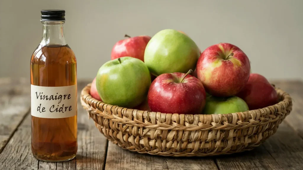 Bouteille de vinaigre de cidre bienfaits à côté d'un panier de pommes