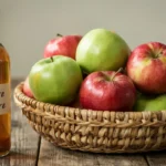 Vinaigre de cidre : effets étudiés, limites et précautions 10 Bouteille de vinaigre de cidre bienfaits à côté d'un panier de pommes