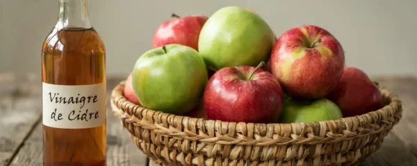 Bouteille de vinaigre de cidre bienfaits à côté d'un panier de pommes