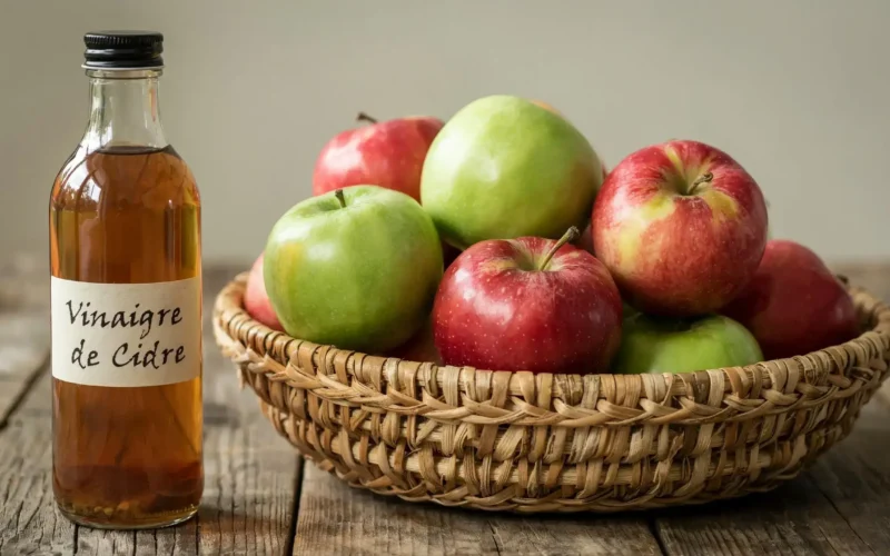 Bouteille de vinaigre de cidre bienfaits à côté d'un panier de pommes