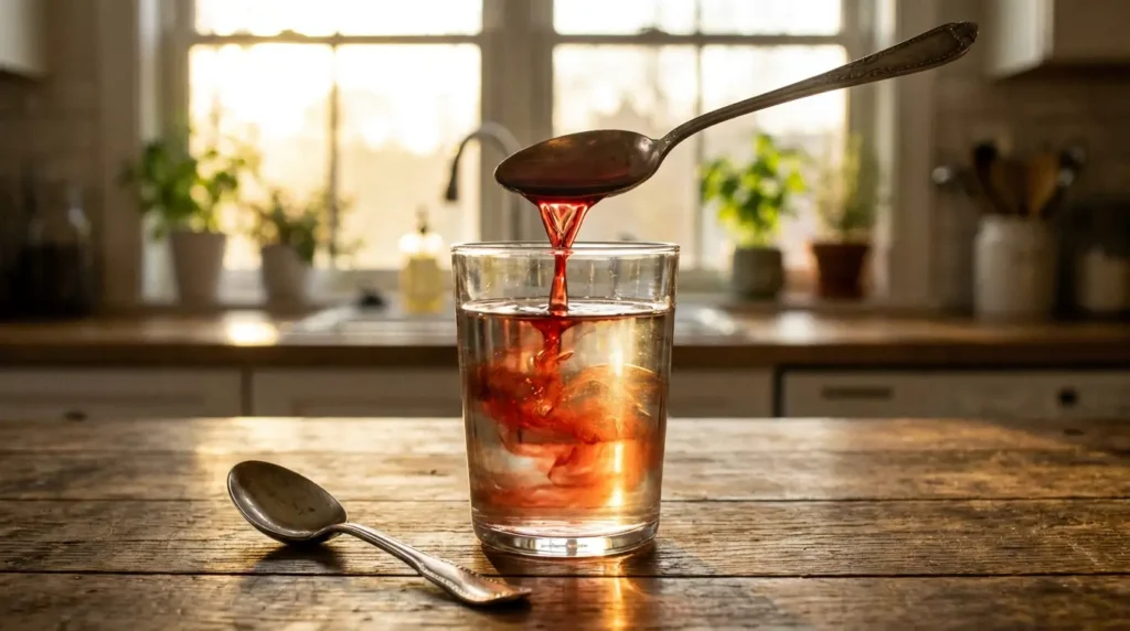 Cuillère versant du vinaigre de cidre bienfaits dans un verre d'eau