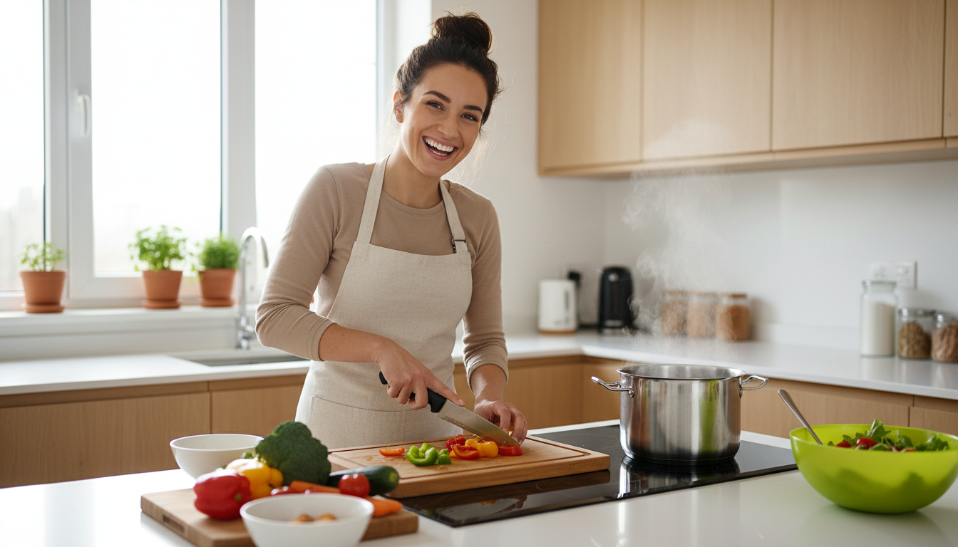 Personne souriante préparant un repas sain en cuisine