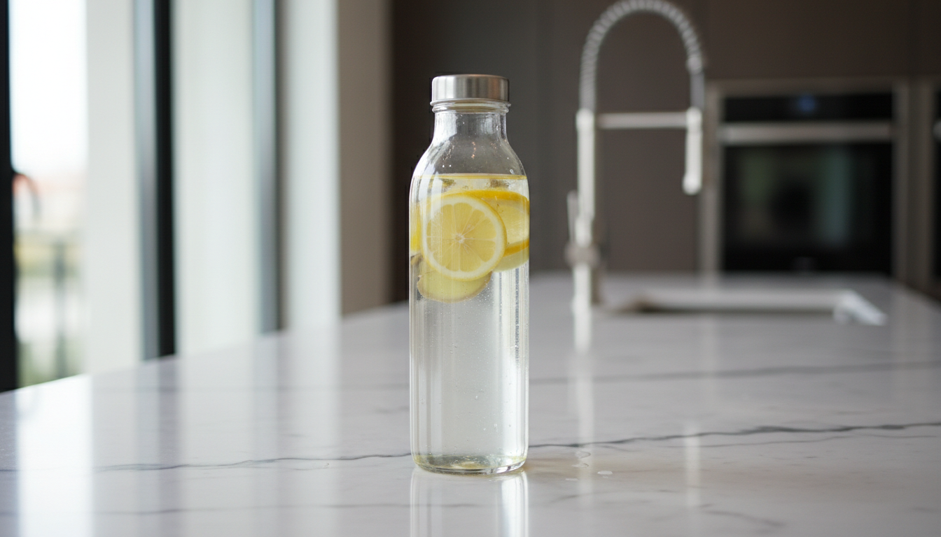 Bouteille d'eau infusée au gingembre et citron sur un plan de travail