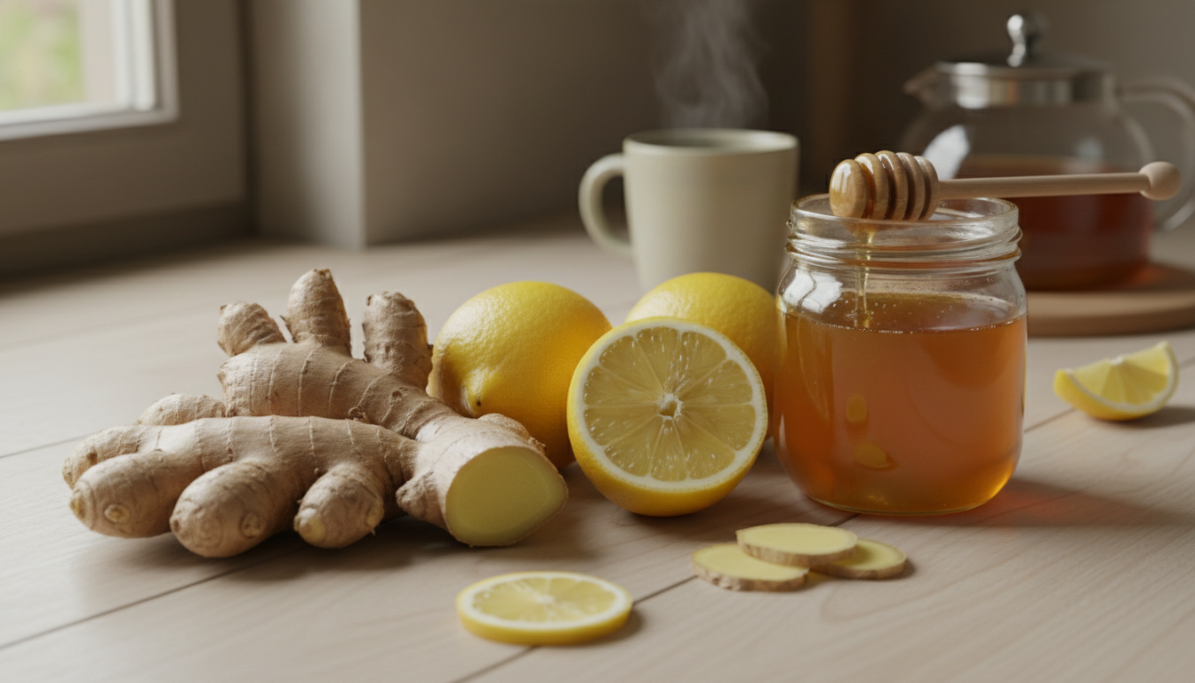 Racines de gingembre frais, citron et miel prêts pour une boisson chaude
