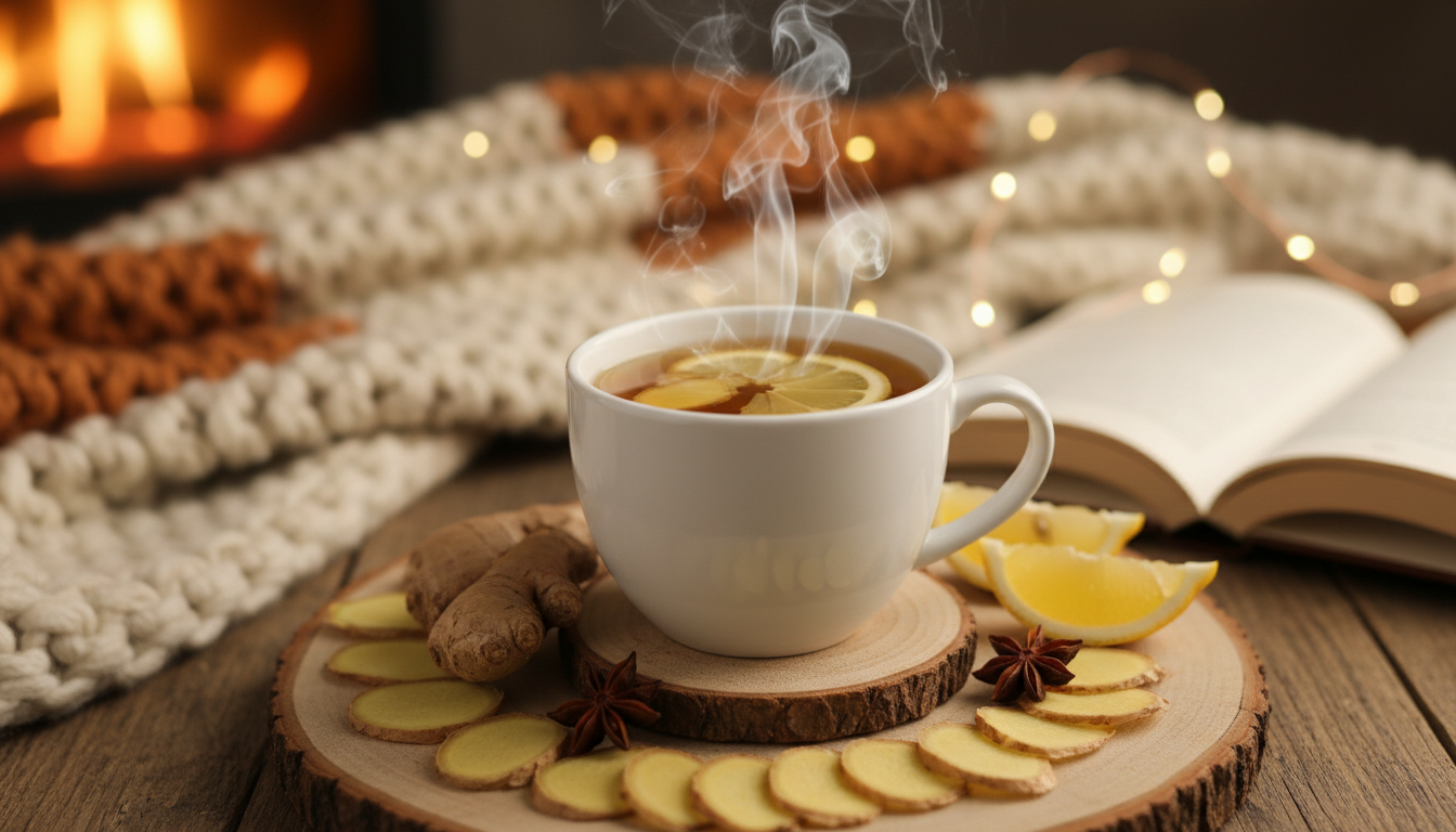 Tasse de tisane fumante au gingembre et citron entourée de tranches de gingembre