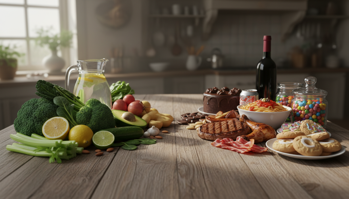 Aliments alcalins et acidifiants comparés sur une table en bois