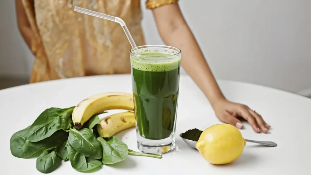 Verre de smoothie vert à la spiruline et bananes