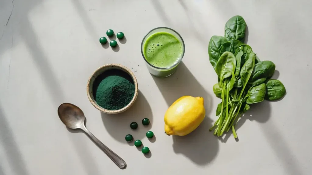Gélules de spiruline, poudre verte et citron