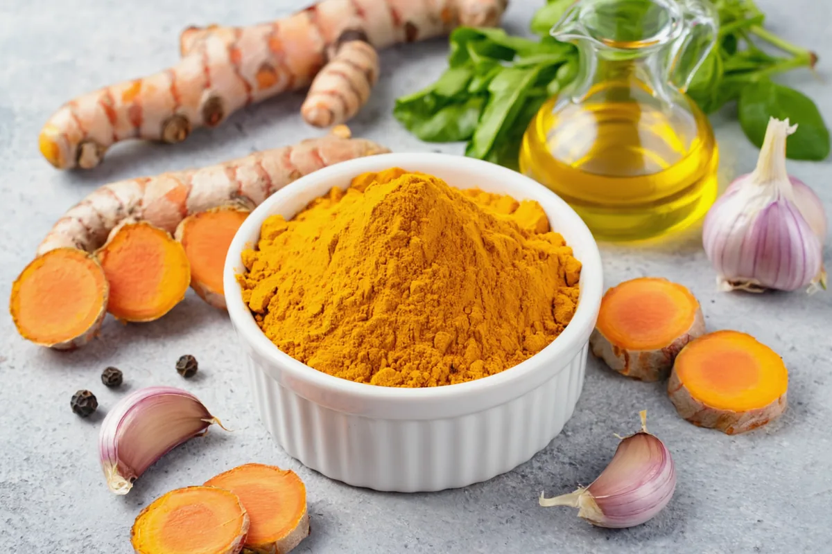 Poudre de curcuma, rhizomes frais, poivre noir et huile d'olive disposés sur un fond clair