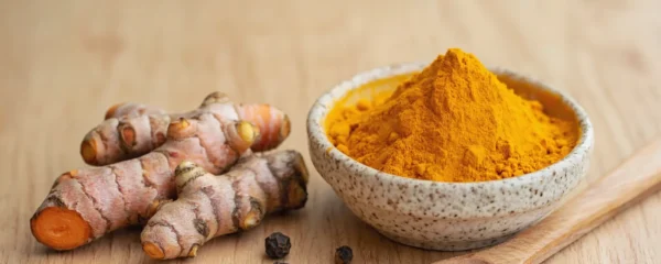 Curcuma : 7 bienfaits étudiés, dosage et précautions 15 Rhizomes de curcuma frais et bol de poudre de curcuma orange avec des grains de poivre noir