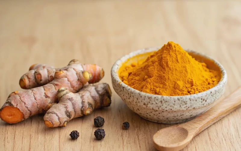 Rhizomes de curcuma frais et bol de poudre de curcuma orange avec des grains de poivre noir