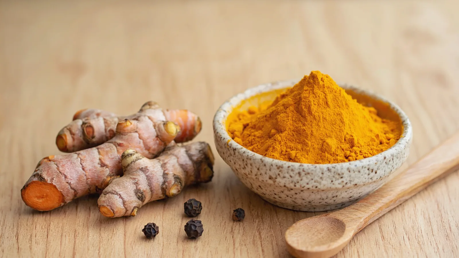 Rhizomes de curcuma frais et bol de poudre de curcuma orange avec des grains de poivre noir