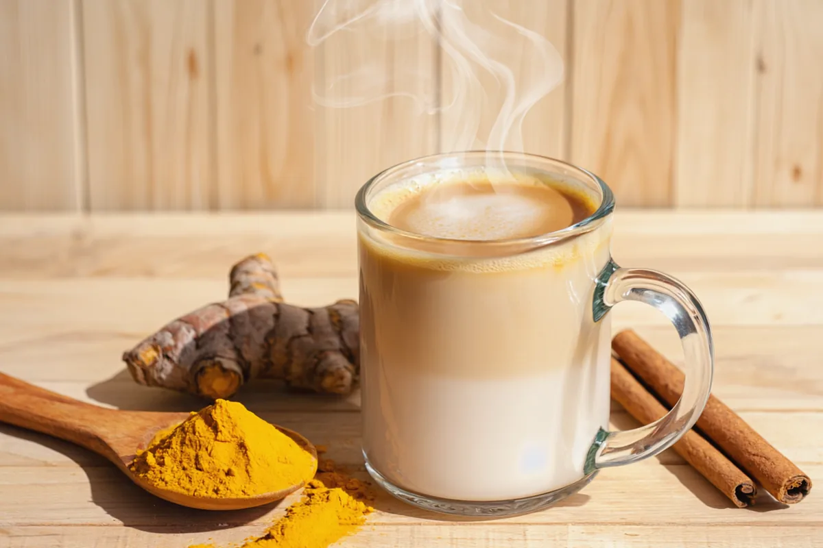 Tasse de lait d'or au curcuma avec cannelle et rhizome frais