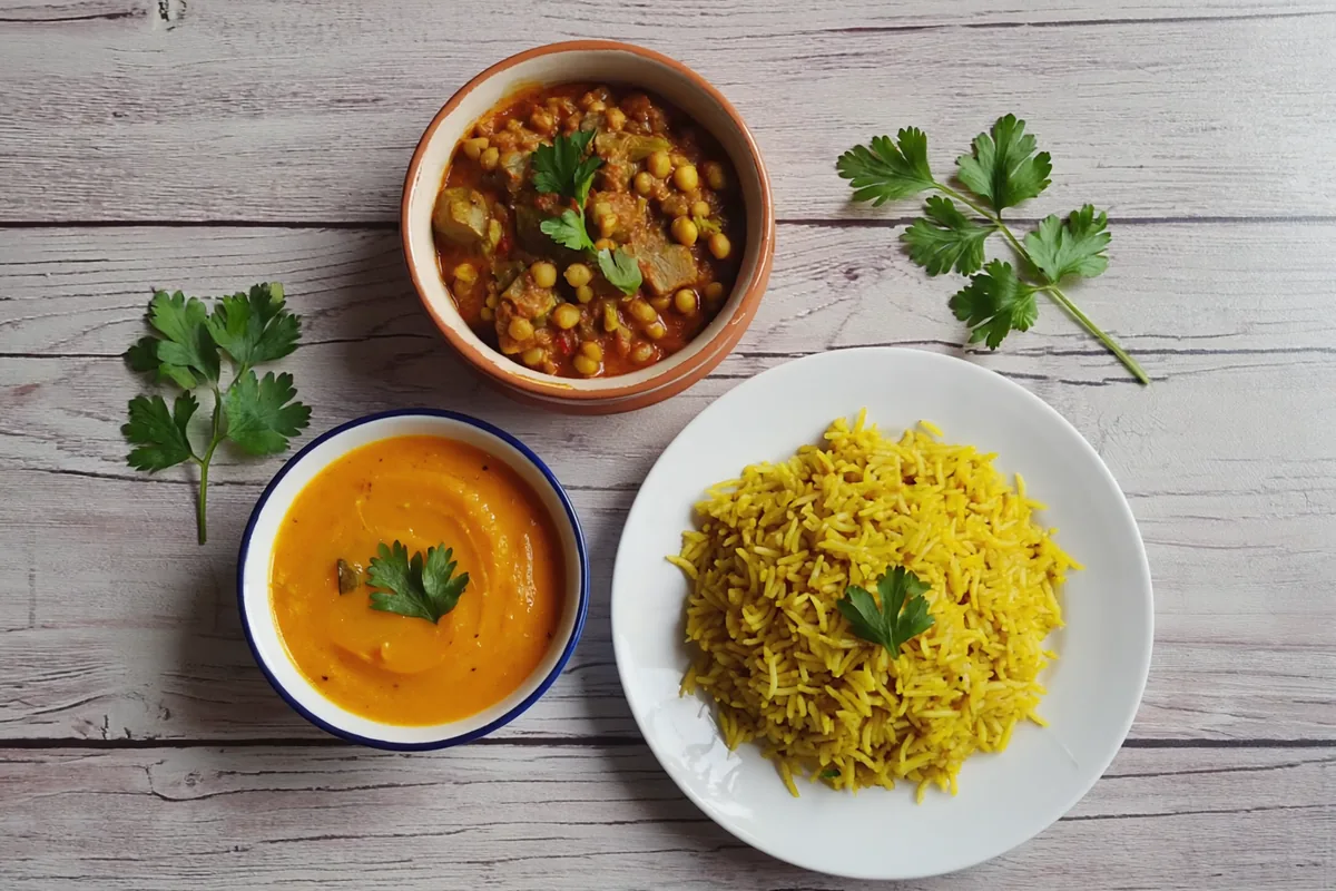 Curry de lentilles, riz doré et soupe de légumes relevés au curcuma