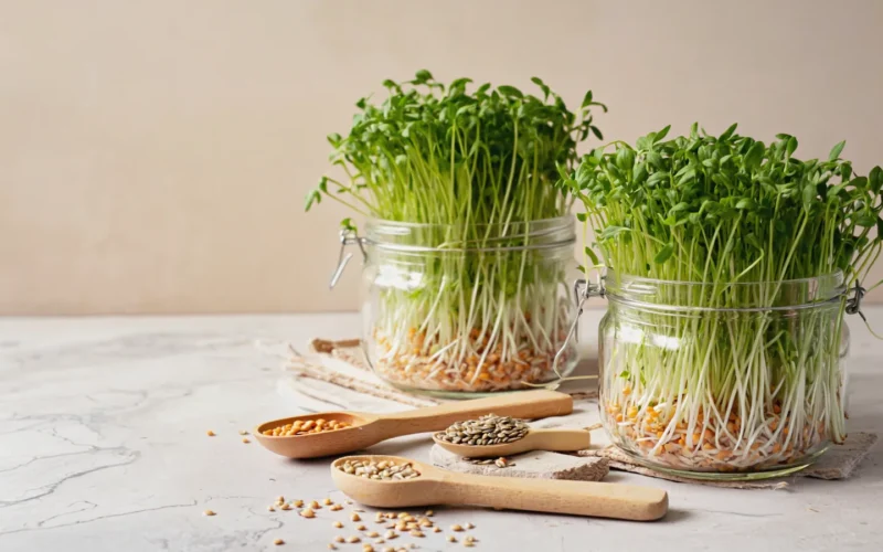 Graines germées d'alfalfa et de lentilles dans des bocaux de germination en verre