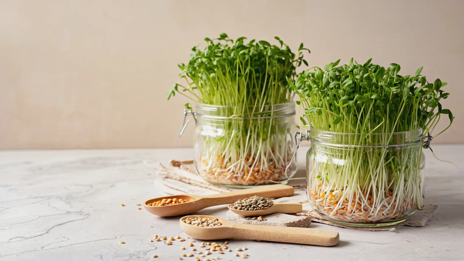 Graines germées d'alfalfa et de lentilles dans des bocaux de germination en verre