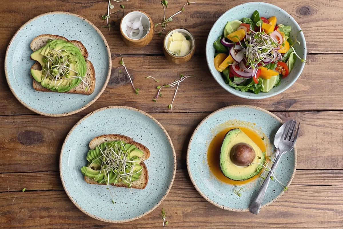Tartines d'avocat et salade colorée garnies de jeunes pousses germées