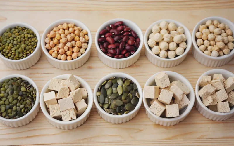 Sources de protéines végétales : lentilles, pois chiches, haricots, tofu et graines